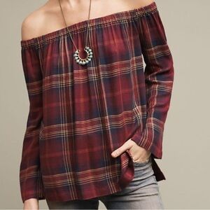 Anthropologie Cloth & Stone Off the Shoulder Plaid Shirt Size XS Long Sleeve Fun